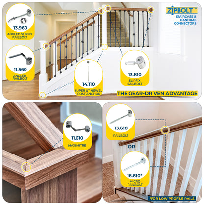 11.560 Angled Handrail to Newel Post Connector — Angled Railbolt for Lower Staircase Connection